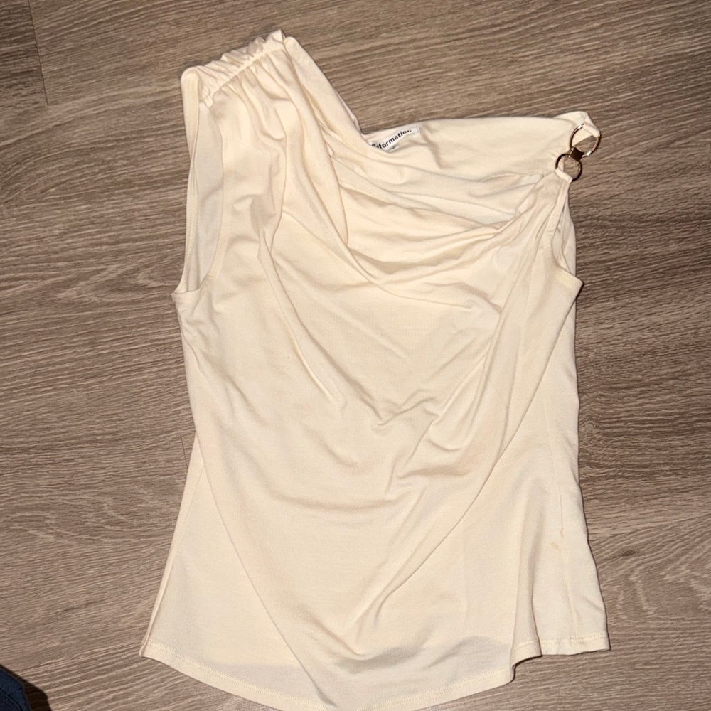 Reformation Cream One-Shoulder Top with Gold Ring